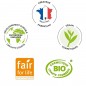 Logos de réassurance bio, végan, équitable et made in France