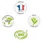 Logos de réassurance bio, végan et made in France 